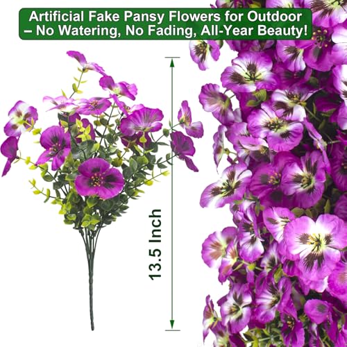 Grunyia Outdoor Artificial Flowers 16Pcs Fake Pansy Silk Flowers UV Resistant, Lifelike Faux Pansies for Planters Window Boxes Porch Garden Decor (Purple & Fuchsia) - color: Fuchsia+purple