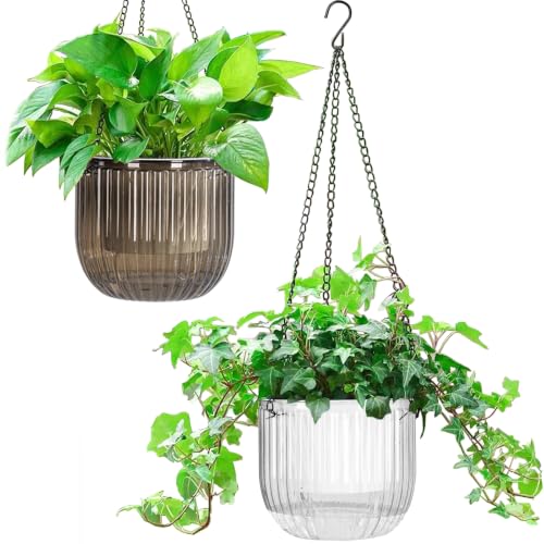 Melphoe 2 Pack Self Watering Hanging Planters Indoor Flower Pots, 6.5 Inch Outdoor Hanging Plant Pot Basket, Plant Hanger with 3Hooks Drainage Holes for Garden Home (Gray + White) - color: Gray+white, size: 6.5''+6.5''