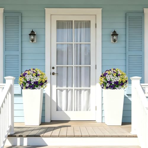 24" Artificial Pansy Flowers for Outdoors with Cement Pots Set of 2 - color: Pansy Yellow-purple-white