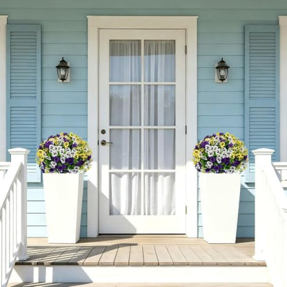 24" Artificial Pansy Flowers for Outdoors with Cement Pots Set of 2 - color: Pansy Yellow-purple-white