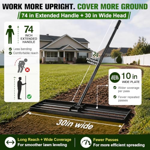 Lawn Leveling Rake,30x10-Inch Leveling Rake for Soil,74-in Handle
