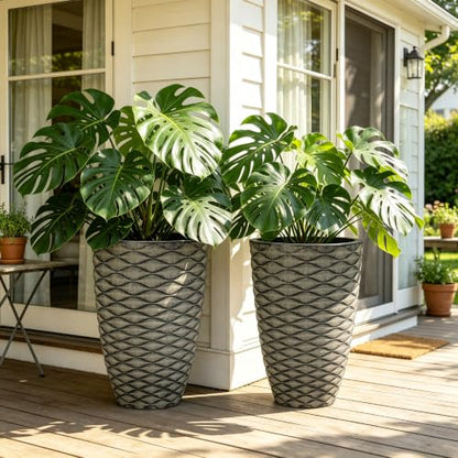 Autodaya 20" Tall Outdoor Planters Set of 2 Plant Pots, Black Wavy Texture - color: Weathered Black-20"h