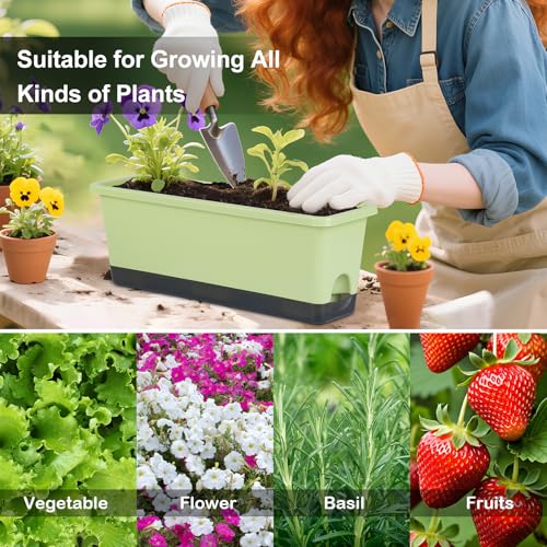 Window Box Planter 4 Packs, 17 Inches Rectangle Flower Pots with Drainage Holes & Trays, Pots for Vegetables, Herbs, Flowers, Garden Windowsill Balcony (Light Green, 17 * 5.1 * 6 inch) - color: Light Green