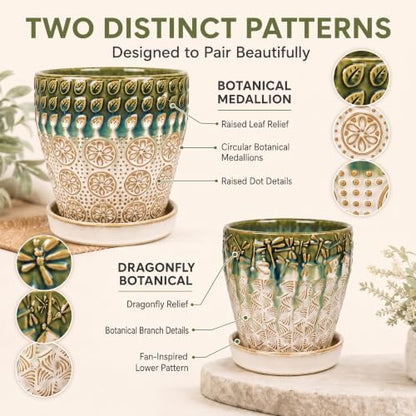 YQSLYSF Ceramic Plant Pots, 6 Inch + 5 Inch Indoor Planters with Drainage