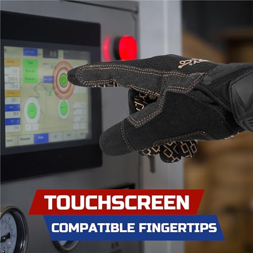 HANDLANDY Mens Work Gloves Touch screen, Utility Mechanic Gloves, Flexible Breathable Fit- Padded Knuckles & Palm - color: Black Gold, size: X-Large