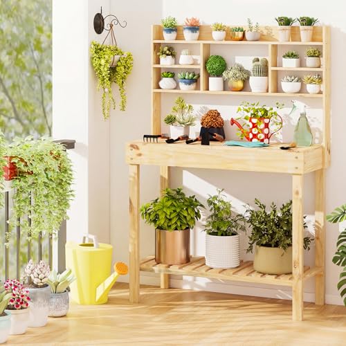 MAT EXPERT Potting Bench Table, 60" Garden Table with Open Shelves, Flip-Up Table, Display Rack, Side Hooks, Wooden Plant Bench, Garden Storage, Outdoor Workbench for Garden, Patio, Yard - color: Natural