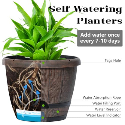 Sun-E 10" Self-Watering Whiskey Barrel Planter 3 Pack for Indoor Outdoor - color: Brown Wooden Grain