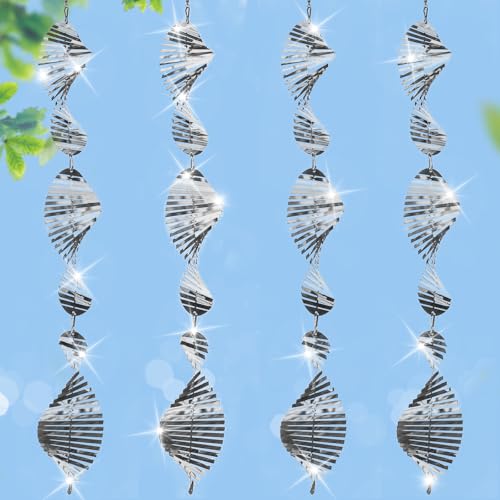 Stainless Steel Bird Deterrents for Outside,3D Wind Spinners Outdoor Decor,12 Discs Reflective Bird Scare Discs 4 Set Bird Reflectors to Keep Woodpecker Pigeon Away from House Window Patio Yard Porch - color: Silver Fishbone(4 Set)
