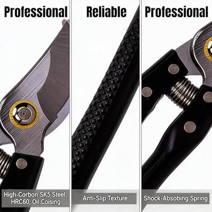 Garden Pruning Shears, Heavy Duty Stainless Steel Gardening Scissors for Plants, Sharp Handhled Trimmers, Bypass Blade Pruner for Branch, Hedge, Shrub, Flowers or Bonsai, Gardening Tool (Black)