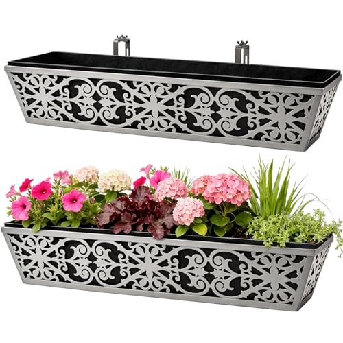 2 Pack 30 Inch Window Boxes Planter for Outdoor Plants Deck Railing Planters Box with Adjustable Brackets for Porch Fence Balcony Hanging Flower Baskets with Non-Woven Fabric Liner for Garden Décor - size: 30 Inch - 2 Pack