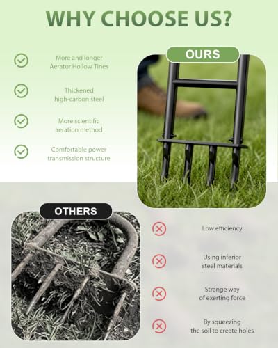 Manual Lawn Aerator Tool, Heavy Duty Core Aerator with Hollow Tines, Stainless Steel Grass Aerator for Soil Compaction Relief, Yard & Lawn Care Tool