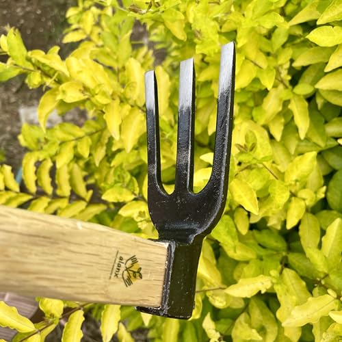 14 inch Japanese Hand Tiller/Rake for Garden, 3-tines Cultivator, Without Welding, Oak Handle, for Digging, Soil Preparation, Chopping Through Roots and Hard Soil and Other Gardening tasks