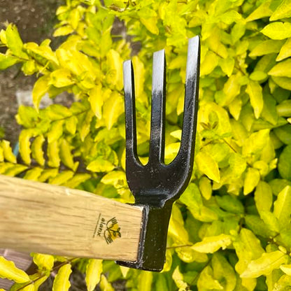 14 inch Japanese Hand Tiller/Rake for Garden, 3-tines Cultivator, Without Welding, Oak Handle, for Digging, Soil Preparation, Chopping Through Roots and Hard Soil and Other Gardening tasks