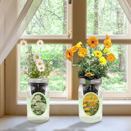 2-Pack Hydroponic Mason Jar Herb Garden Kit, Indoor Herb Garden Self-Watering Starter Kit, New Christmas Gift for Mom (Calendula,Chamomile)