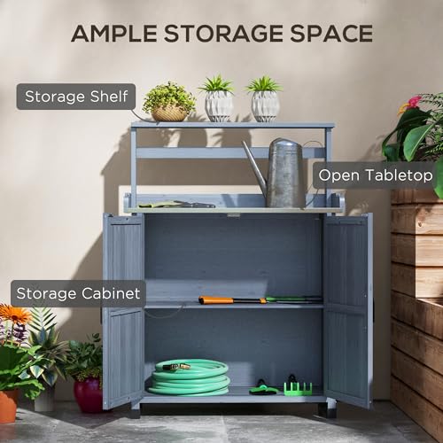Potting Bench, Outdoor Wooden Potting Table with Storage Cabinet with 2 Shelves, Garden Work Bench with Galvanized Plated Tabletop for Backyard, Balcony, Gray