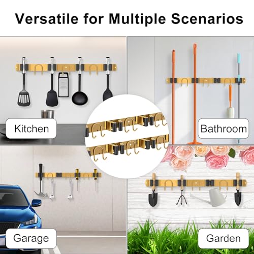 Mop Broom Holder Wall Mount, 2 Packs Gold Stainless Steel Tool Storage Organizer for Kitchen Garden Garage Laundry Room Bathroom and RV with 4 Slots 6 Hooks - color: Gold-2 Pack