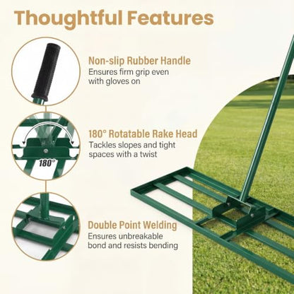 COSTWAY 30x10 Inch Lawn Leveling Rake (Green, 30"x10") - color: Green