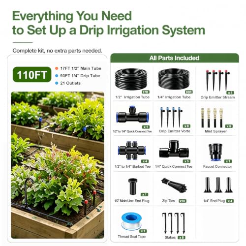 110FT Drip Irrigation System, Garden Watering Kit with 17FT 1/2 in Main Tube, 93FT 1/4 in Tube, 21 Adjustable Emitters, Misters and Sprayers for Raised Beds Greenhouse, Size: 110FT - size: 110FT