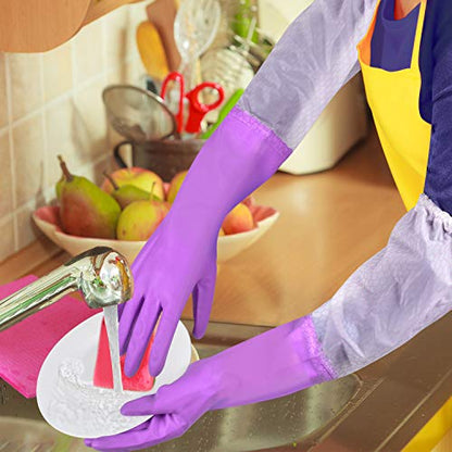 Elgood Reusable Long Sleeve Dishwashing Cleaning Gloves with Latex Free,Cotton Lining,Kitchen Gloves 2 Pairs,Purple+Blue M - color: Long-purple+blue, size: Medium (Pack of 2)