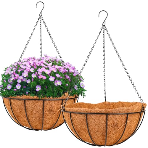 HKZ Hanging Basket Planter Plants Outdoor - 2 Pack 12 Inch Metal Hanging Planter with Coco Liners, Chain Hook Hanging Flower Pots for Indoor Outdoor Garden Porch Decoration - size: 12 Inch