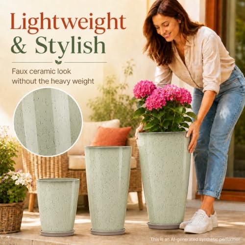 Neoaider Set of 3 Tall Planter, 24/21/12in Large Plastic Planter, DripGlaze - color: Drip Glaze