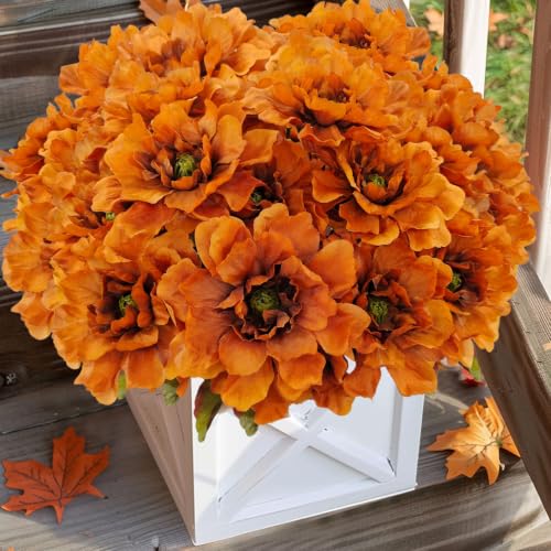 Fake Fall Flowers Artificial 4 Bundles Burnt Orange Mums for Vase - color: Brown Orange