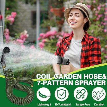 100 FT 3/8" Lightweight Coiled Garden Hose EVA Flexible with 7 Function Nozzles and Brass Connectors for Garden Watering Plants Greenhouses Patios Olive Green