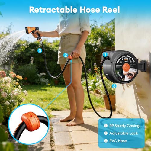 100FT Retractable Garden Hose Reel - 1/2 Inch, Slow Return System with Any Length Lock, 10-Pattern Nozzle, 180° Swivel Bracket, Wall Mounted