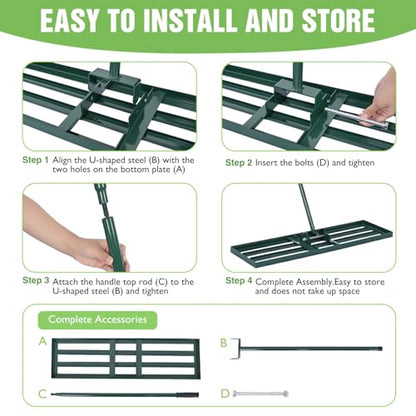 Yesker Lawn Leveling Rake 30 Inch for Soil Yard Leveling Rake with 30"x10" Ground Plate 72" Steel Handle Effort-Saving Heavy Duty Ground Leveler Tool for Backyard Garden Farm Golf Course Landscaping - size: 30 inch
