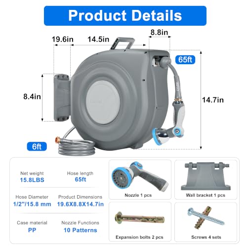 Automatic Water Hose Reel Retractable Garden Hose Reel 1/2 in x 65 ft - color: Dark Gray, size: 1/2 in x 65 ft
