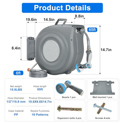 Automatic Water Hose Reel Retractable Garden Hose Reel 1/2 in x 65 ft - color: Dark Gray, size: 1/2 in x 65 ft
