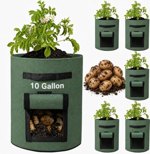 Delxo 5 Pack 10 Gallon Potato Grow Bags, Garden Planting Growing Bag with Flap, Double Layer Breathable Nonwoven Cloth for Potatoes/Planter/Vegetable/Tomato Fabric Pots with Handles Green - size: 10 Gallon