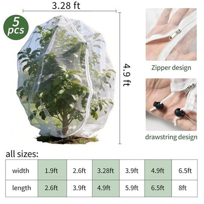Garden Netting, 5 pcs, 3.28 X 4.9 FT, Featuring Drawstring and Zipper Design, is a Plant Cover and Fruit Tree net Designed to Protect Plants, Fruits, and Flowers from Insects and Birds. - size: 3.28 X 4.9 FT (5 PCS)
