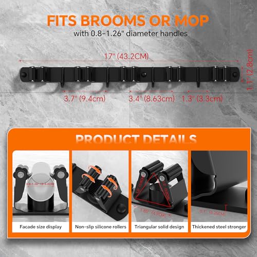 5 Grippers Broom Holder Wall Mount with 4 Hooks Stainless Steel, Black - color: C-Black, size: 5PCS Gripper