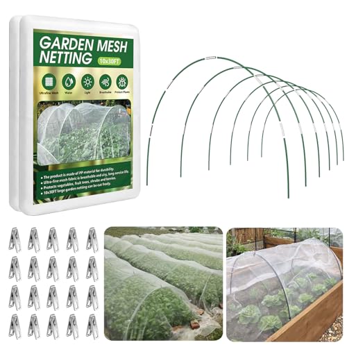 Garden Netting Kit for Raised Beds, 10x30FT Ultra Fine Mesh Netting＆ 6 Sets of 8FT Fiberglass Garden Hoops, Row Cover Insect Netting for Vegetable Plant Fruit Flowers Protection - color: White, size: 10x30FT
