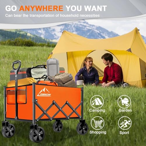 AMNOW 100L Collapsible Wagon Cart with All Terrain Wheels, 350LBS, Orange - color: Bright Orange