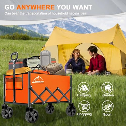 AMNOW 100L Collapsible Wagon Cart with All Terrain Wheels, 350LBS, Orange - color: Bright Orange