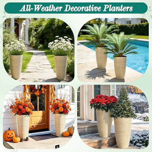 24" Large Outdoor Planters for Plants, Cream Beige Tall Flower Pots - color: 23.5"h-ivory Stripes Texture