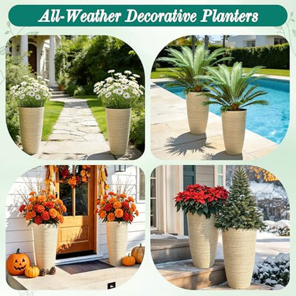 24" Large Outdoor Planters for Plants, Cream Beige Tall Flower Pots - color: 23.5"h-ivory Stripes Texture