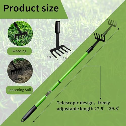 Small Garden Rake, Telescopic Handle 27-39 in, for Tight Spaces