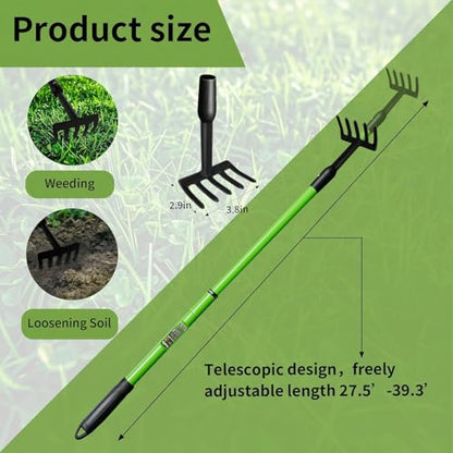Small Garden Rake, Telescopic Handle 27-39 in, for Tight Spaces