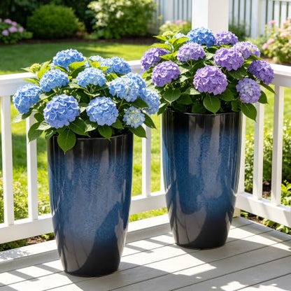 Autodaya 24" Large Tall Outdoor Planters Set of 2, Faux Ceramic Flower Pots - color: 23.8" Blue Gradient Cobalt Finish