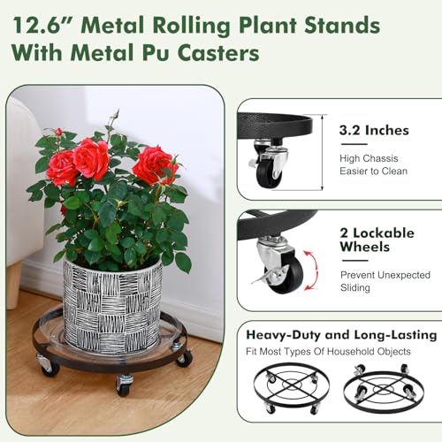 3 Packs Large Metal Plant Caddy 12.6” Plant Dolly with Wheels Heavy-duty Wrought Iron Rolling Wheeled Plant Stand with Casters for Indoor and Outdoor Plant Pot Rollers, 12" Clear Plant Saucers Included - color: Vintage black, size: 12.6"/ 3 packs