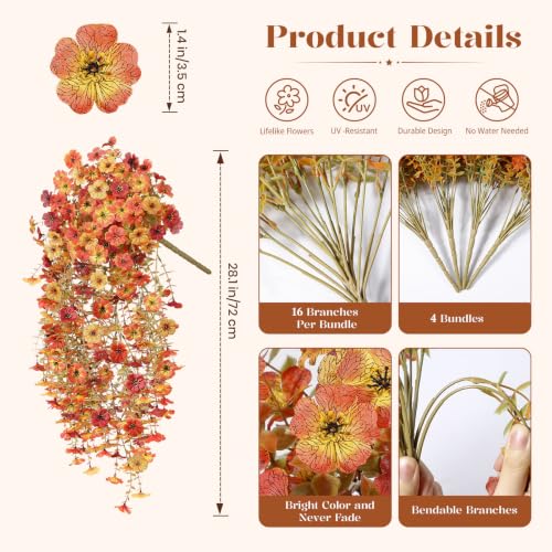 Alupssuc 4 PCS Fall Hanging Flowers Artificial for Outdoor Indoor Decor - color: Orange Brown Yellow Ombre Orange