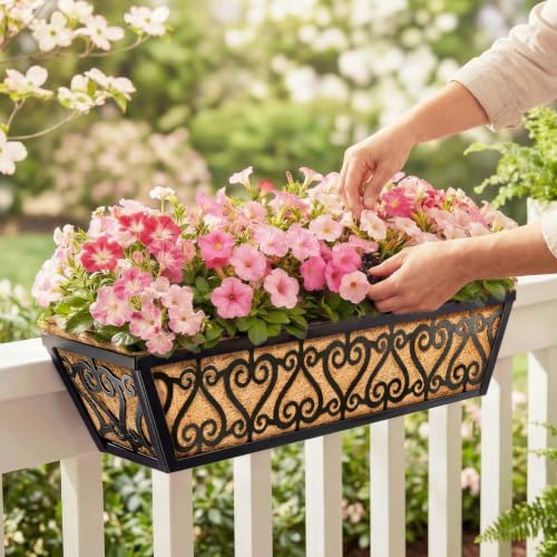 4 Pack 24 Inch Deck Railing Planter Box - Window Boxes Planters with Adjustable Brackets Coco Liners Balcony Planters Railing Hanging for Window Flower Boxes Outdoor Garden Decor - size: 24 Inch