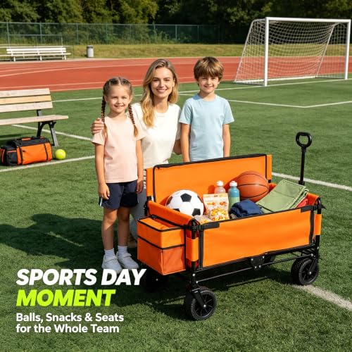 Collapsible Beach Wagon Cart - with Bench Seat & Ice Pack 500 lbs - color: Orange, size: 7"