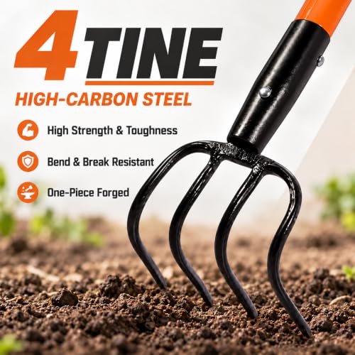 VNIMTI Cultivator for Gardening, 4 Tines Garden Cultivator with Fiberglass Handle, 58 Inches - size: 58 inches x 4.9 inches x 6.3 inches
