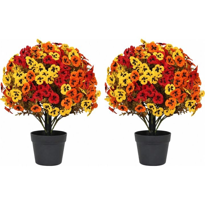 24" Artificial Fall Pansy Flowers for Outdoors, Faux Topiary Potted Plants - color: Pansy Yellow-orange-red