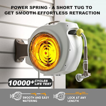 Retractable Garden Hose Reel, 1/2 in 120+6 ft, Heavy Duty Wall Mounted Water Hose Reel, Spring Power Automatic Rewind, Any Length Lock, 180° Swivel Bracket, 10 Pattern Spray Nozzle - size: 1/2" 120FT