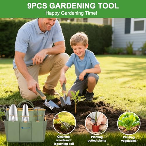 Yesker Gardening Tools 9-Piece Heavy Duty Garden Tool Set Gardening Supplies Gifts for Women Men Gardening Hand Tool Kit w Non-Slip Ergonomic Rubber Handle, Durable Garden Bag, Pruning Shears, Green - size: 9PCS Yellow Green